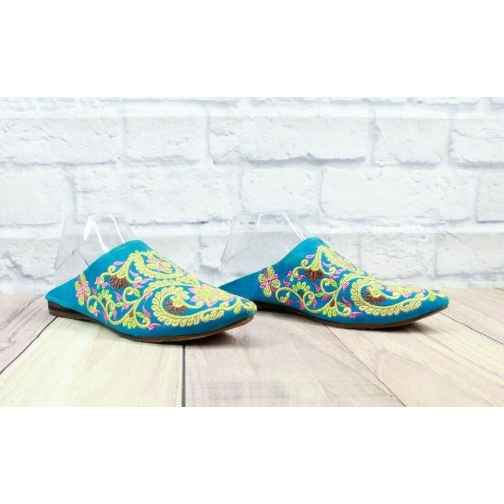 Women's Embroidered Blue Floral Pointed Toe Slip On Mules Flats Shoes Size 7 - Picture 3 of 10